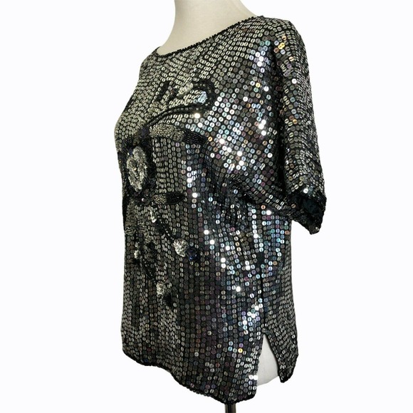 Vintage Laurence Kazar Sequined Top Black Silk - Picture 7 of 9